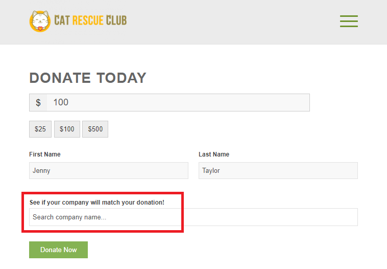 Cat Rescue Club simplified donation form - blank search field